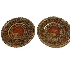 2 x Vintage Decorative Peacock Metal Round Tin Plates