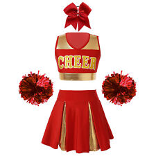 UK Girls Shiny Cheerleading Outfit Sleeveless Crop Top with Skirt School Uniform