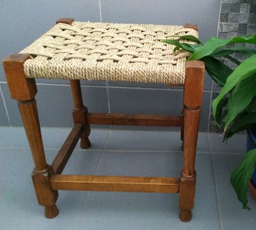 Vintage wooden stool woven - wooden,