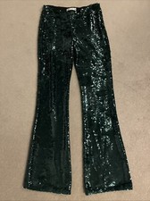 Worn Once ZARA Dark Forest Green Sequin Flare Trousers M 12 Waist 32" high rise