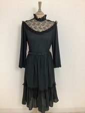 Vintage 1970s dress black lace Victorian style noir gothic midi prairie #V2
