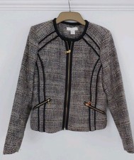 Ladies Smart Casual Fitted Tweed ZipUp  Jacket H&M 12/14 Black Trim VGC Lined