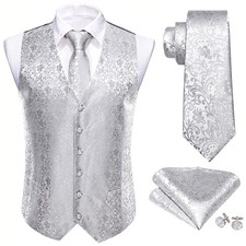 Barry Wang Mens Waistcoat  Paisley Floral Solid Vest Tie Set Wedding Casual