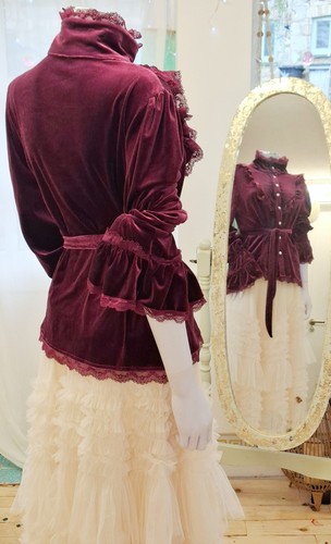 Burgundy velvet ruffle blouse - ruffle,