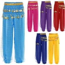 Girls Belly Dance Harem Pants Beads Coin Tribal Arabic Trousers with Hip Scarf