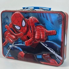 Vintage French Small Red & Blue Metal Lunch Box Tin With Spiderman Image