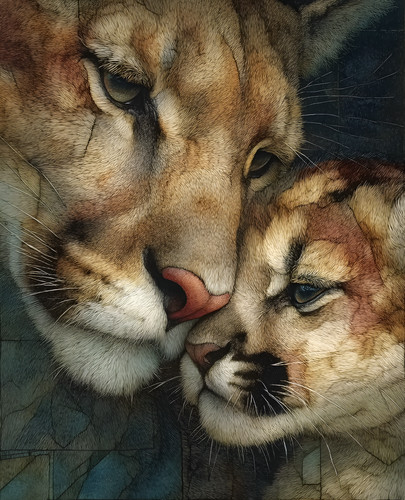 Lioness nuzzling resting cub - nuzzling,