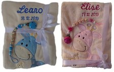 Baby blanket beige giraffe named embroidered with pacifier chain baby gift 