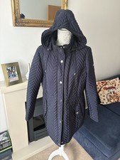 Women's DKNY Longline Navy Blue Coat quilted Jacket Full Zip Hooded size XL VGC