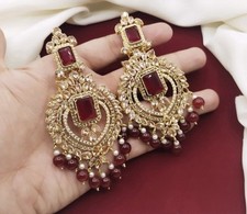 Luxurious Maroon Kundan Earrings – with Gold Finish & Beaded Drops