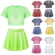 Girls 2 Piece Dance Outfit Metallic Short Sleeve Crop Top and Pleated Skirt Set