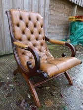 VINTAGE 2 TONE MAHOGANY & TAN LEATHER CHESTERFIELD SLIPPER CHAIR PERFECTLY AGED.