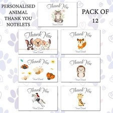 Pack of 12 Personalised Animal Thank You Notelets - Cat, Dog, Horse, Hedgehog
