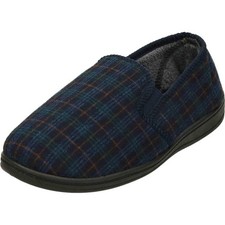 Mens Navy Check Twin Gusset Slippers Wide Fit Memory Foam Slip On House Shoes