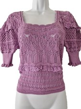 Womens Zara Purple Crochet Ruffle Short Puff Sleeves Pointelle Knit Jumper MNew