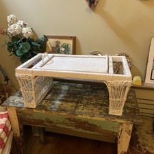 Vintage White Wicker Breakfast bed serving  Tray Large with Tray & Pockets