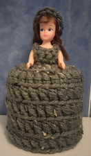 Handmade Crochet Vintage Doll Toilet Roll Cover, Grey Tweed Dress