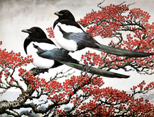 ** MAGPIES PERCHED IN THORN TREE * PRINT OF A  PAINTING BY TUNNICLIFFE