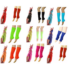 WOMENS LEG WARMERS AND FISH NET GLOVE SET 80s DISCO FANCY DRESS HEN PARTY LOT UK