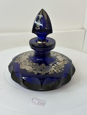 Antique Victorian Cobalt Blue Perfume Bottle With Metal Overlay - Silver Plate 