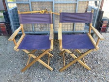 Brown Wooden Folding Directors Chair x 2 with Navy Blue Fabric Back & Seat