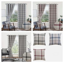 Tartan Check Eyelet Curtains Hudson Ready Made Fully Lined Ring Top