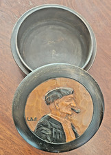 Antique Round Box Hand Carved Relief of Man Smoking Pipe signed