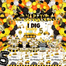 193 Pcs Construction 5th Birthday Party Supplies Dump Truck Five Years Old Pa...