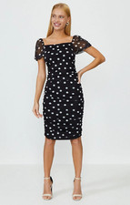 COAST BLACK WHITE POLKA DOT MESH  PUFF SLEEVE BODYCON WIGGLE DRESS BNWT 8 (6)