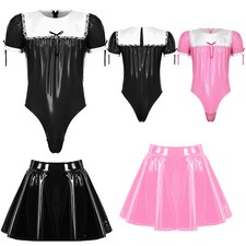 Mens Maid Cosplay Outfit Sissy Crossdressing Lingerie Set Puff Sleeve Shiny