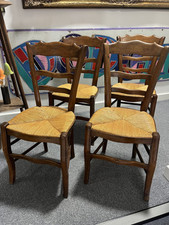 Vintage Set of 4 French Oak Mid Century Rattan / Straw Bistro Dining Chairs