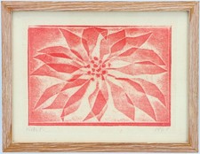 Vintage SMALL MODERNIST SCANDINAVIAN 1960'S RED FLORAL PRINT Signed Vicki P 1968