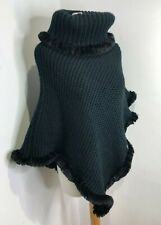Rino & Pelle black chunky knit roll neck faux fur edged poncho cape VGC cosy
