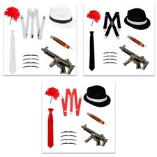Gangster Fancy Dress Set (Trilby Hat, Tie, Braces, Cigar, Moustache & Carnation)