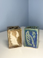 TWO Ceramic Flower Brick Vases- Brown/Tan and Blue-green -Handmade