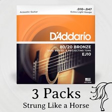 3 Genuine D'Addario 10-47 EJ10 80/20 Bronze Extra Light Acoustic Guitar Strings