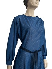 Vintage C&A 1980s Blue & Silver Pinstripe Long Sleeve Party Dress. Size 16 18