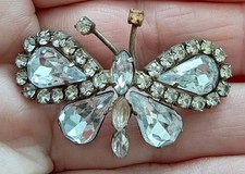 Vintage Silver Tone Closed Back Blueish Crystal Glass Paste Butterfly Brooch 