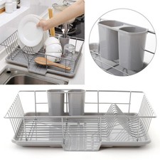 Steel Dish Drainer Rack with Drip Tray Cutlery Holder Plate Rack Kitchen Sink