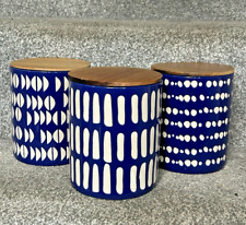 Three 3 Crofton Ceramic Storage Jars Cannisters Dark Navy Blue White Patterned