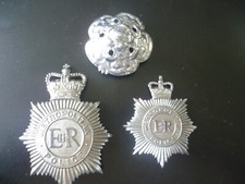Two Obsolete 'Metropolitan Police' 'Custodian Helmet' Metal Badges and Rose Top