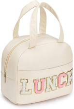 Lunch Bag for Women,Insulated, PU Leather, Office, Work, w/ Chenille Letters