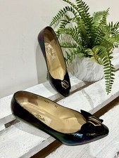 Vintage RENATA Signorina Iridescent Petrol Bow Detail Low Heel Shoes Pumps UK 4