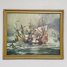 Vintage Chiabert Naval Battle Ship At Sea Art Print Painting On Board Framed