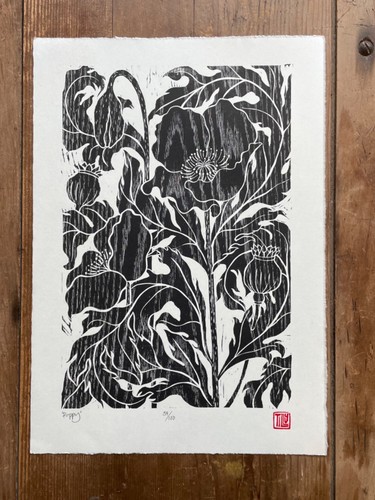 Original poppy woodcut - , print