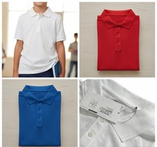 Boys MARKS White School Polo Shirt Short Sleeve Red Royal Blue 100% Cotton NEW