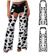 Unisex Cow Spot Chaps Cowboy Biker Overpants Pattern Flannel Hollow out Pants