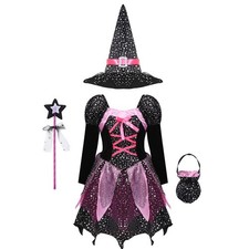 Girls Kids Halloween Witches Hat Fancy Dress Costume Witch Outfit Cosplay Party