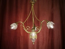 RARE CHANDELIER ANTIQUE BRASS 4 LAMP OLD CRYSTAL c. 1900 Ø 24"
