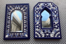 2 Vintage Pintado A Mano Enamel Pottery Small Mirror Wall Hanging